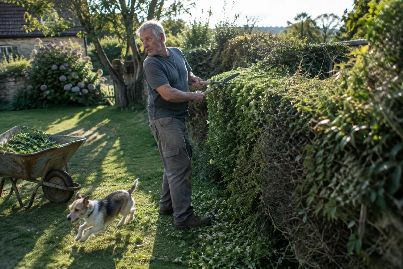 Man trimming a garden hedge as a small dog suddenly darts past his feet