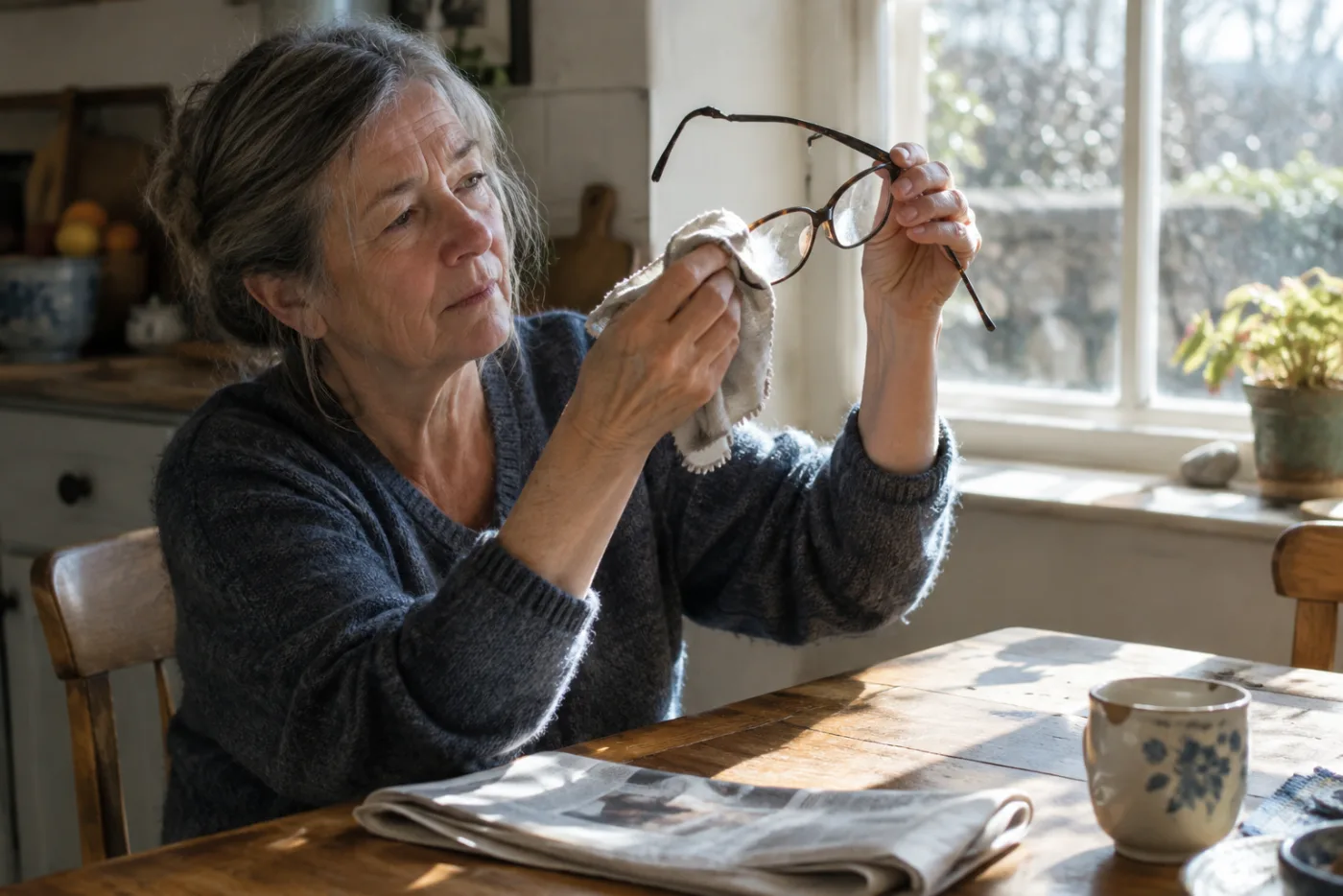 Woman polishing eyeglasses against sunlight at her kitchen table