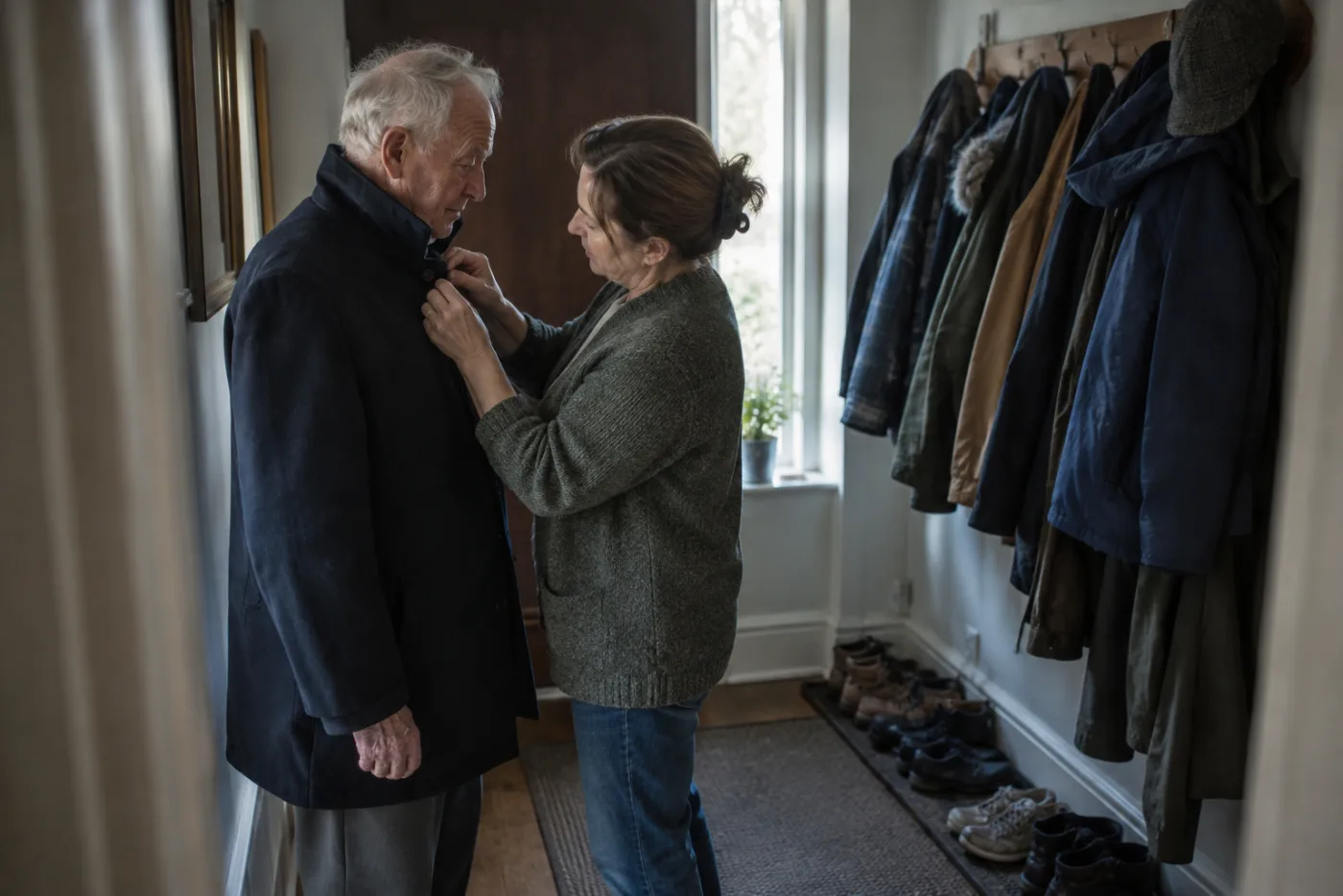 Woman buttoning an older man's coat collar before a doctor visit