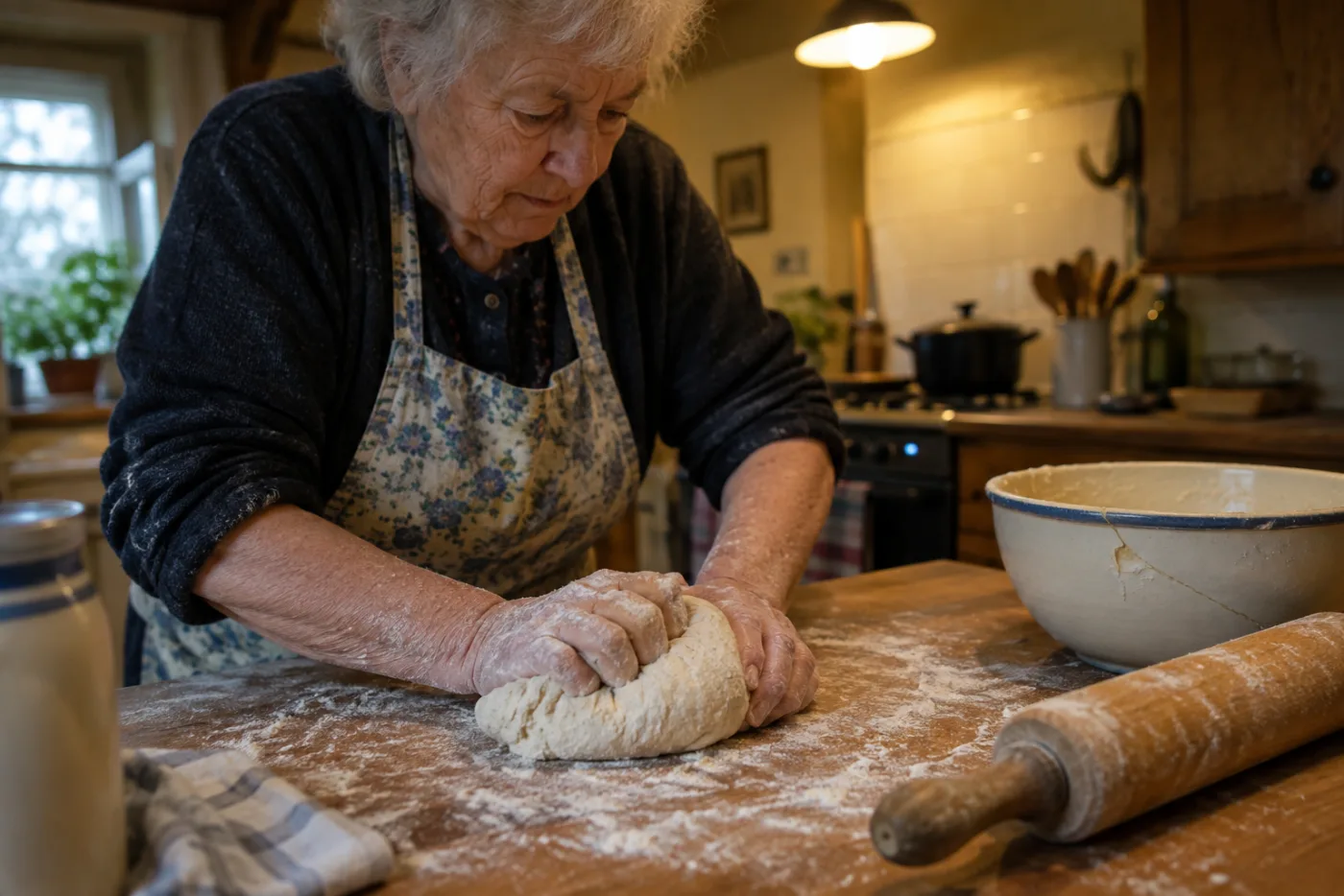 Woman kneading bread dough on a floured board despite a slight tremor
