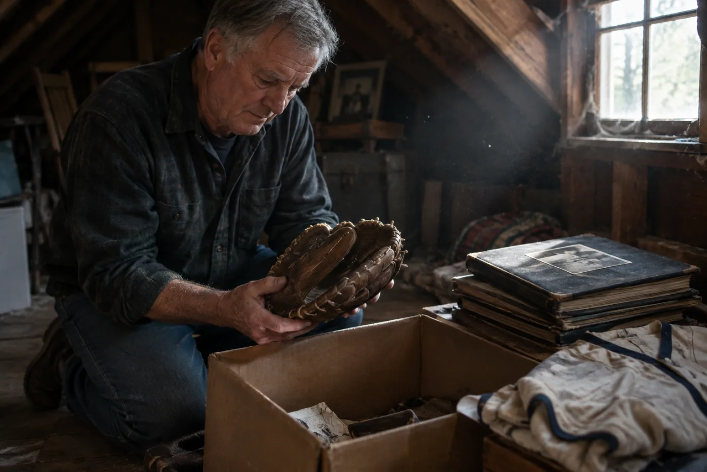 Man holding a worn baseball glove while sorting an attic box