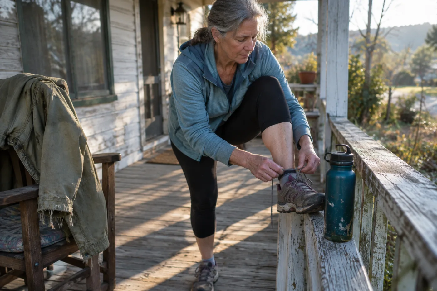 Woman tying her walking shoes on a porch step in early morning light