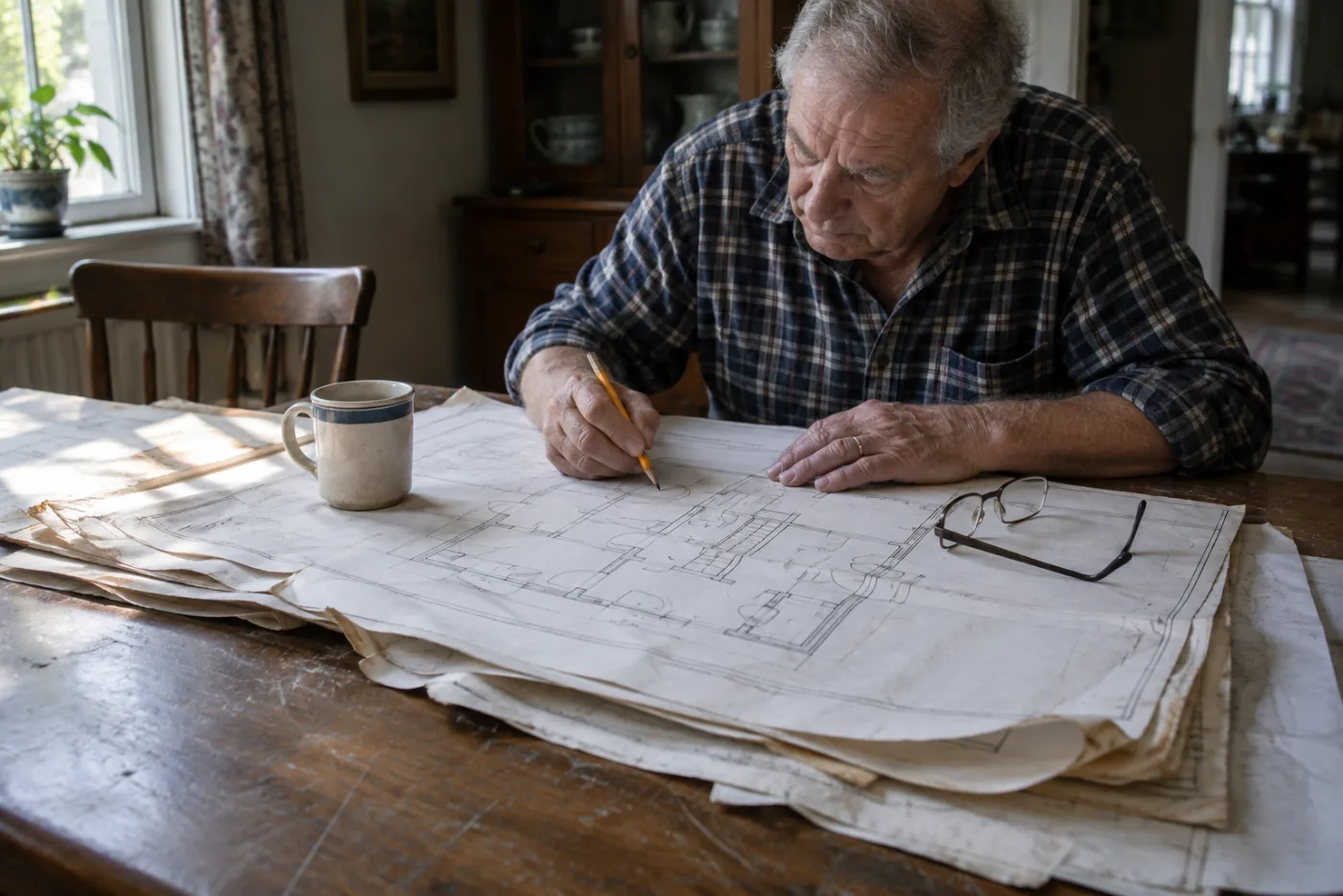 Man circling a measurement on curling blueprints spread across a dining table