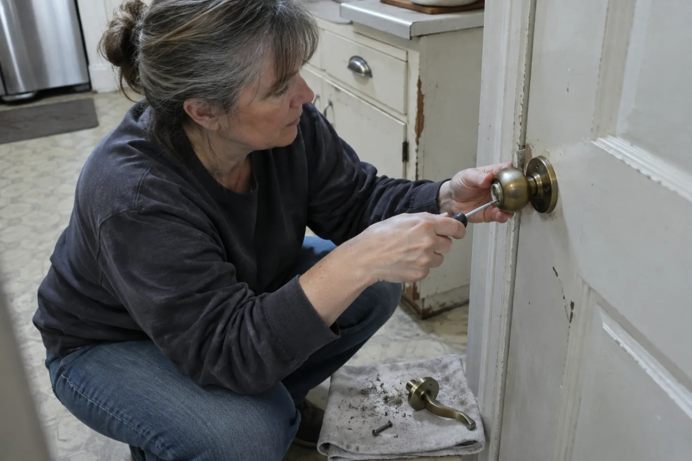 Woman replacing a kitchen door knob with a lever handle using a screwdriver