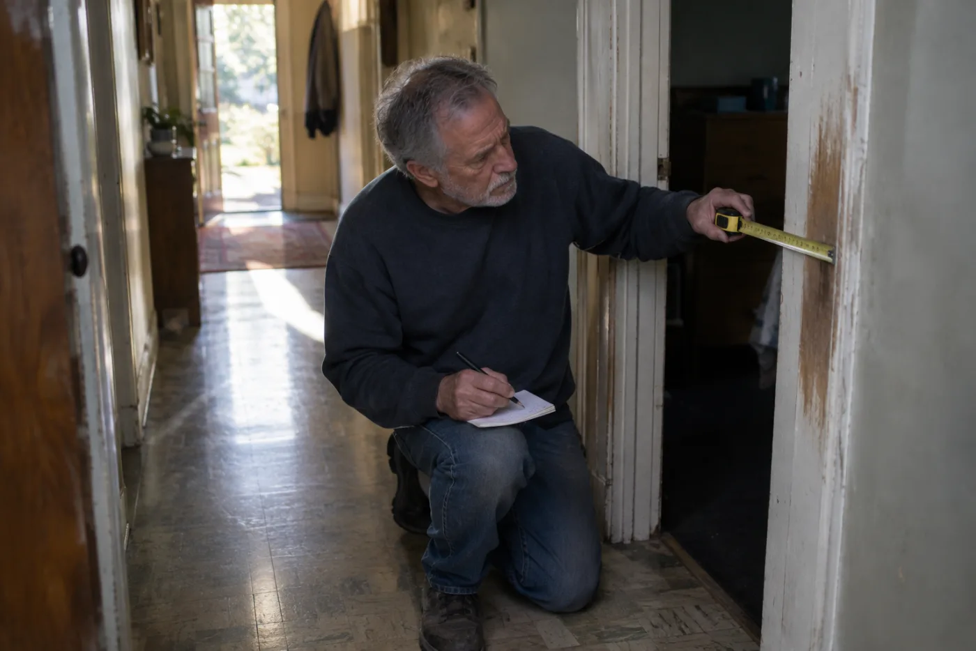 Man measuring a hallway doorway width with a yellow tape measure