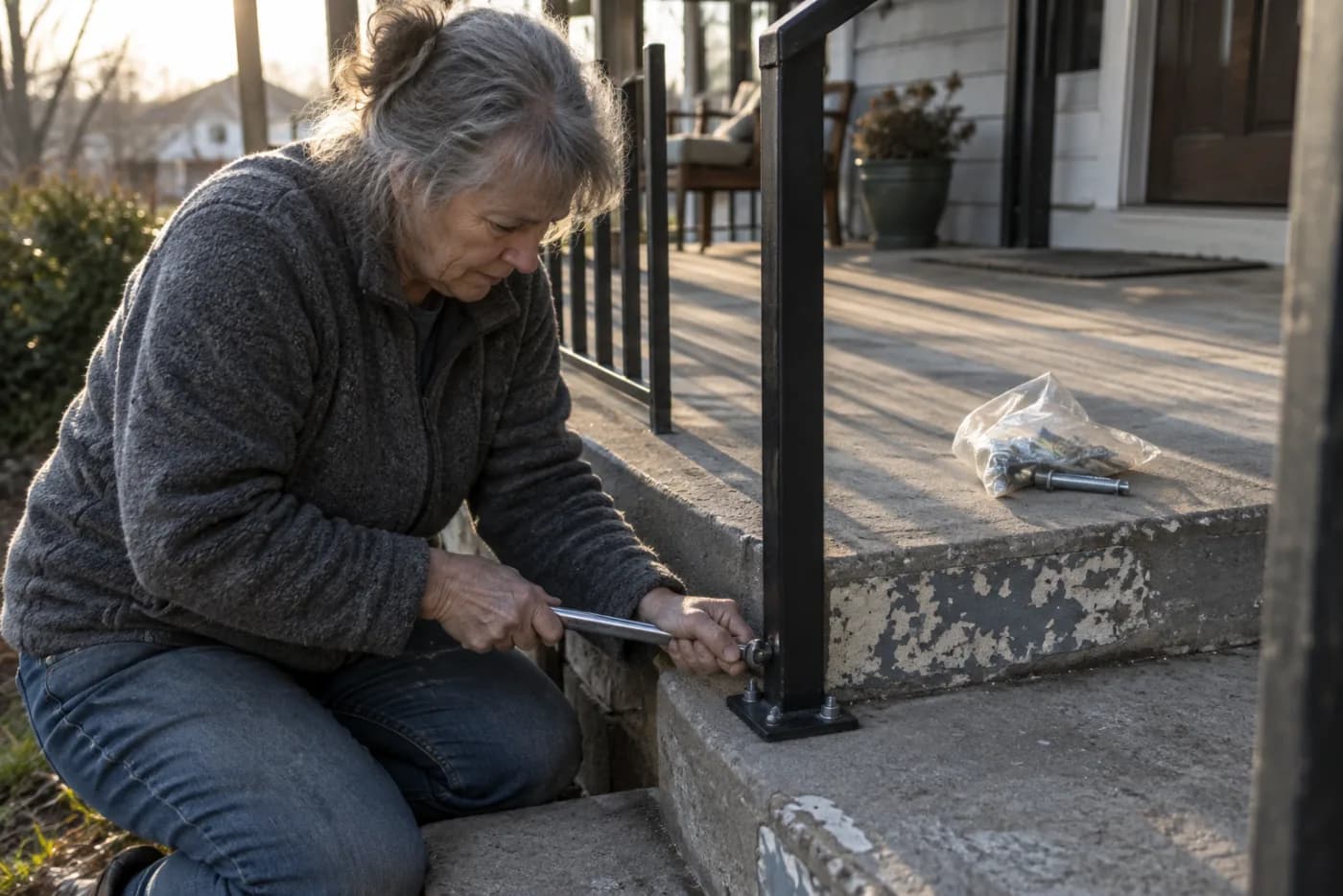 Woman bolting a metal handrail into concrete porch steps with a wrench