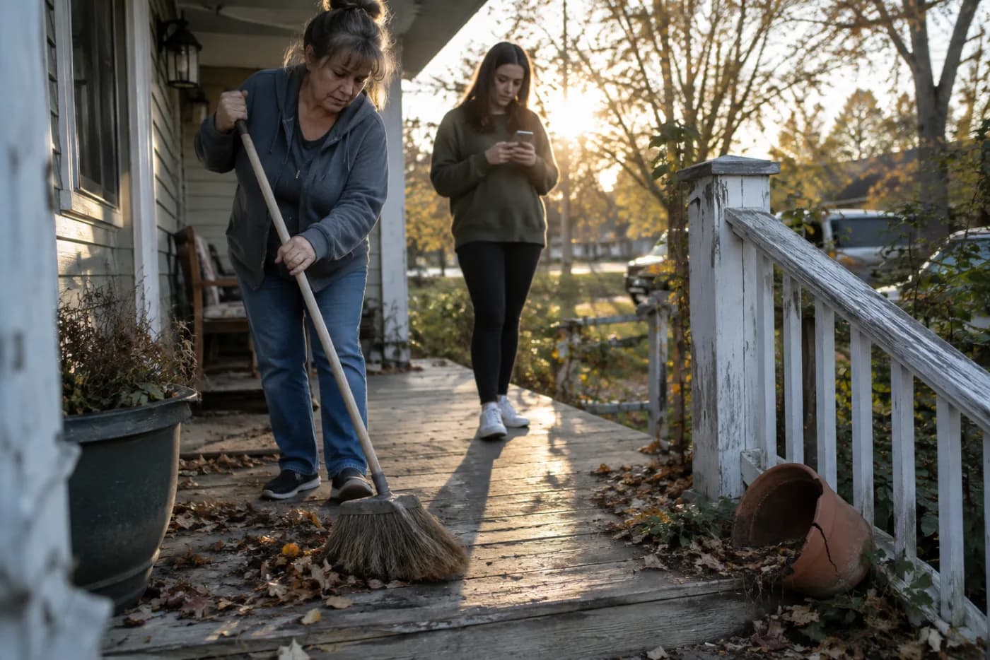 Woman sweeping porch leaves as her daughter checks a phone calendar nearby