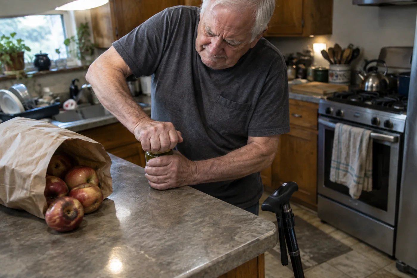 Man straining to open a stubborn jar lid beside an unused folded cane