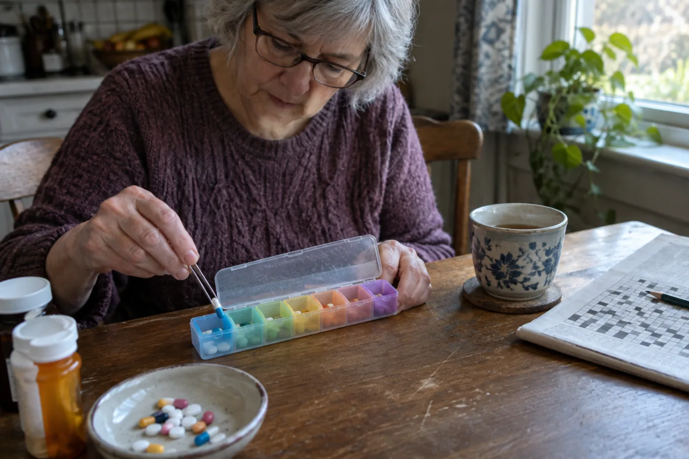 Woman sorting pills into a weekly organizer with tweezers at a kitchen table