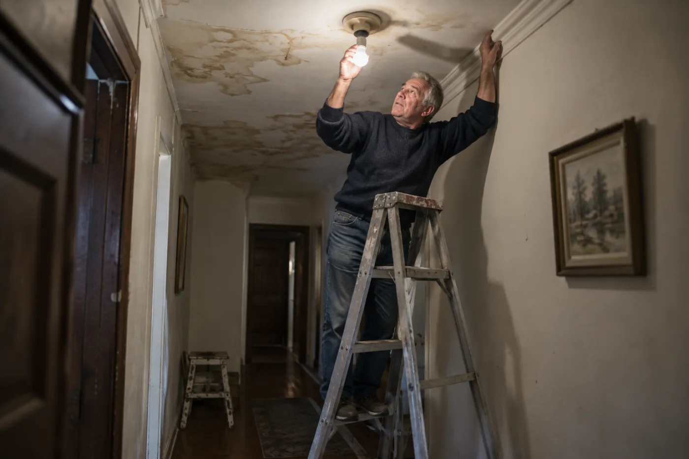 Man on a wobbling ladder reaching to change a hallway light fixture