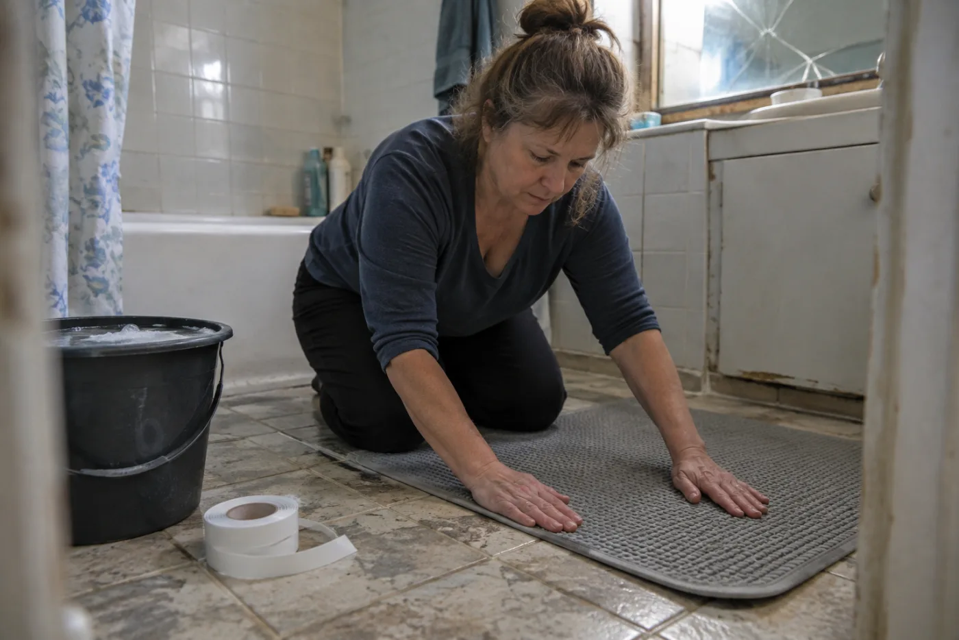 Woman smoothing a rubber-backed bath mat flat onto worn bathroom tile