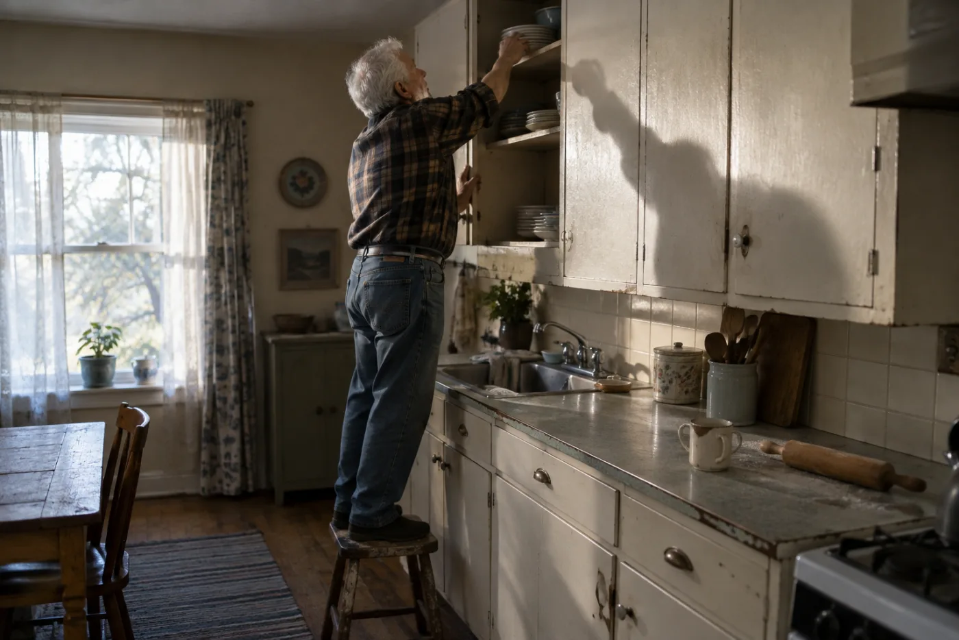 Man on a wobbly stool straining to reach plates on a high kitchen shelf