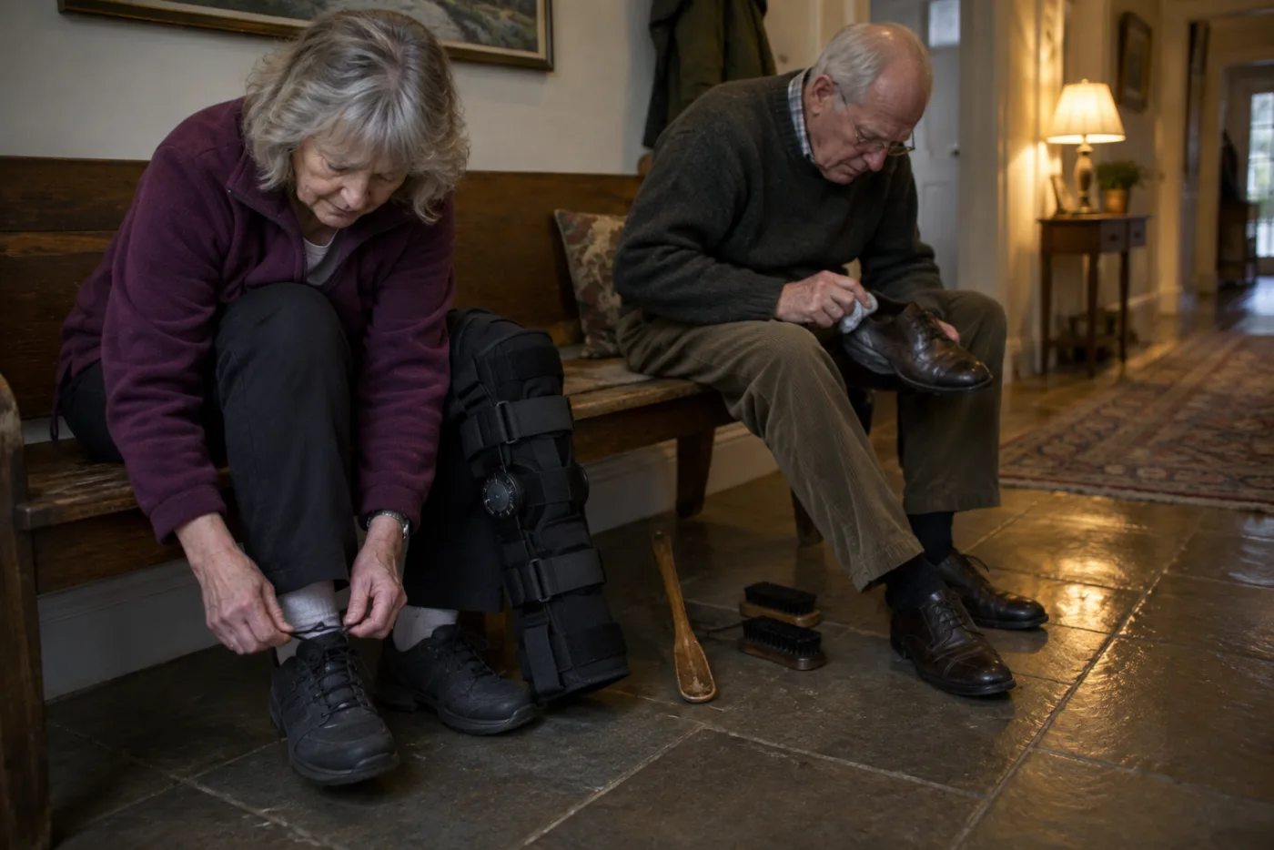 Woman tying an orthopedic shoe beside husband polishing his dress shoes