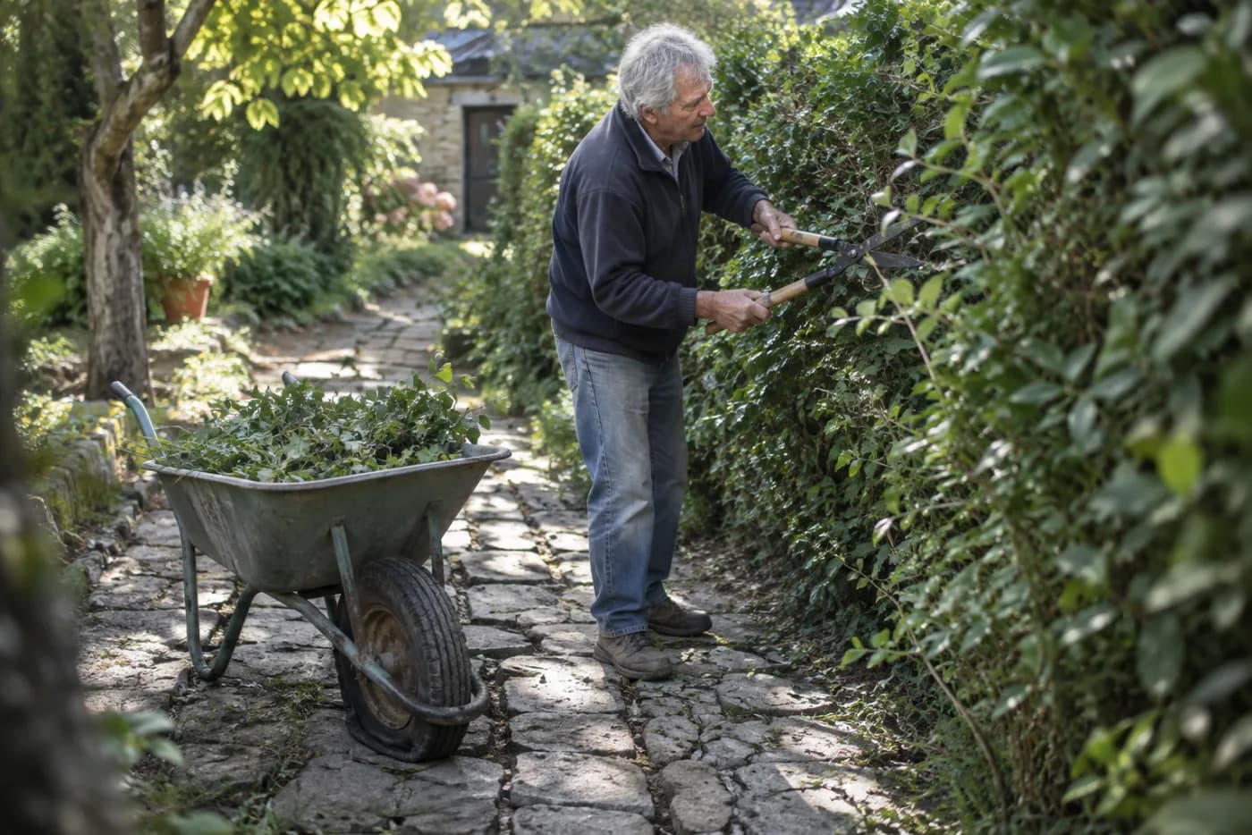 Man trimming a hedge beside a garden path with cracked uneven pavers