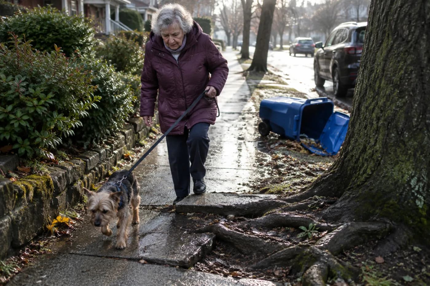 Woman walking a small dog carefully over a sidewalk cracked by tree roots
