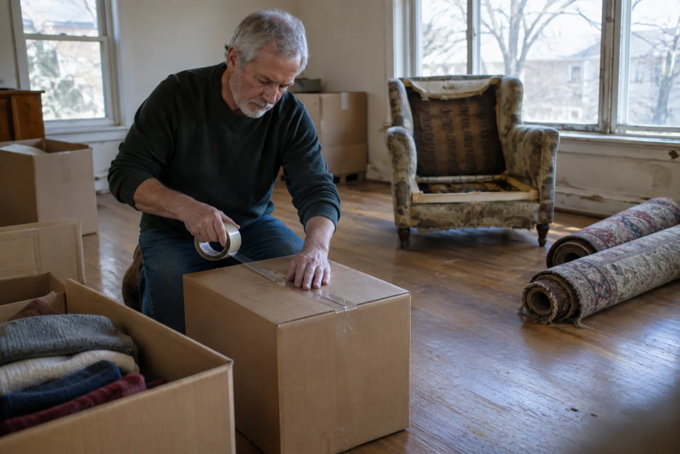 Man taping shut a moving box in an emptied living room with bare windows
