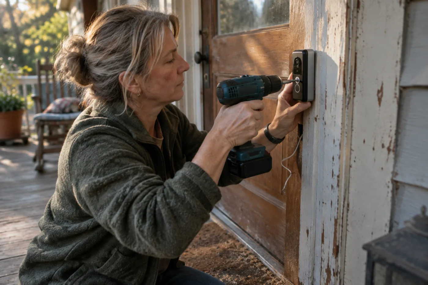 Woman installing a small doorbell camera into a wooden front doorframe