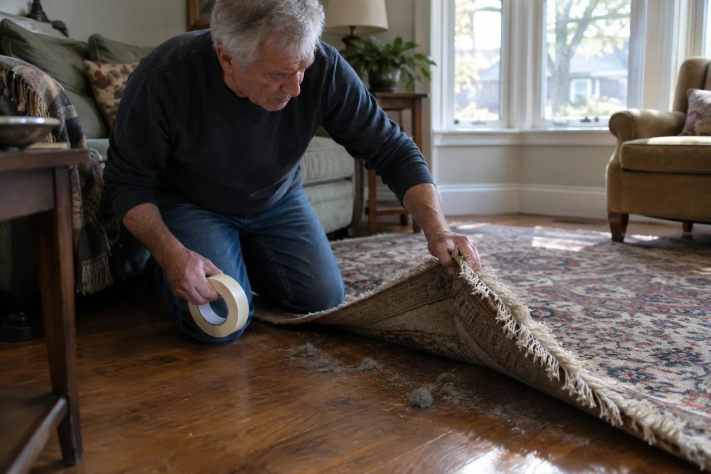 Man peeling back a curling rug corner to expose scuffed hardwood flooring