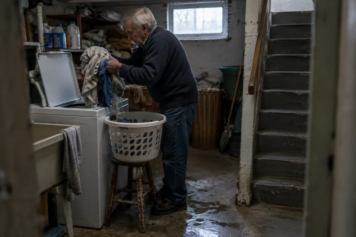 Man lifting wet towels from a washing machine near narrow basement stairs