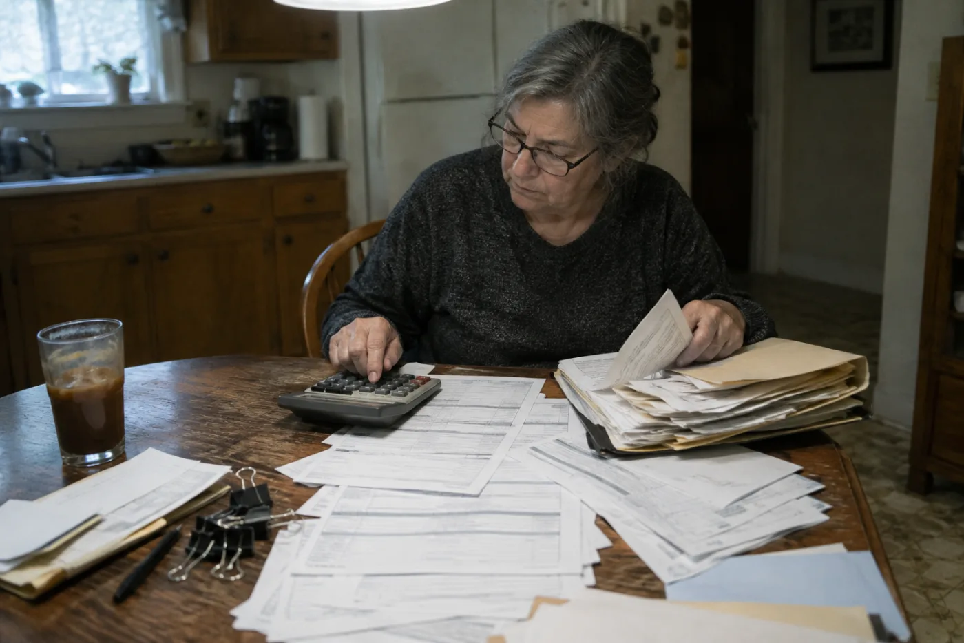 Woman using a calculator while reviewing insurance forms at a kitchen table