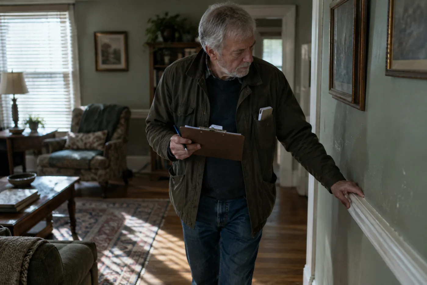 Man testing a chair rail's sturdiness while checking a clipboard list