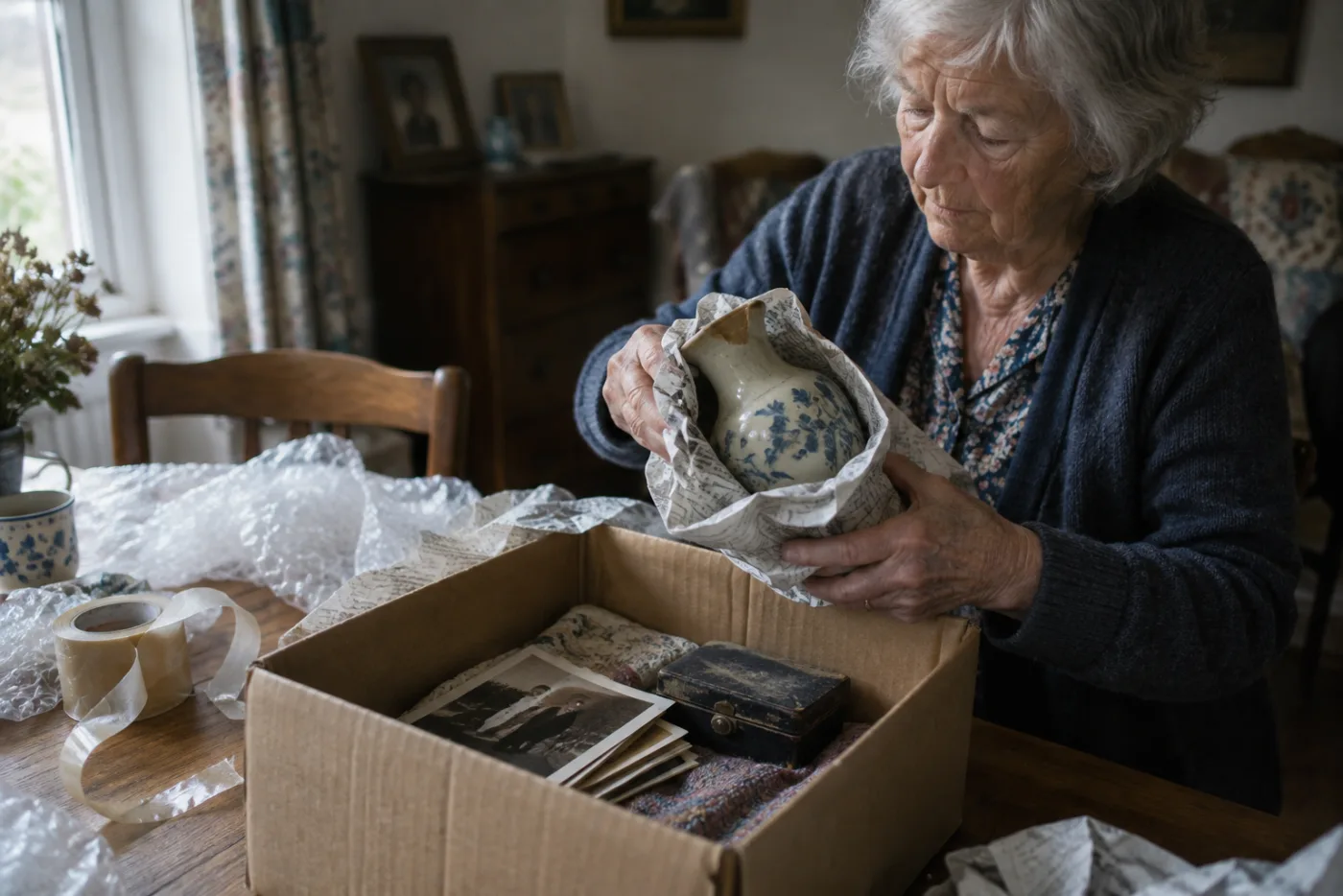 Woman wrapping a chipped vase in newspaper before packing it into a box