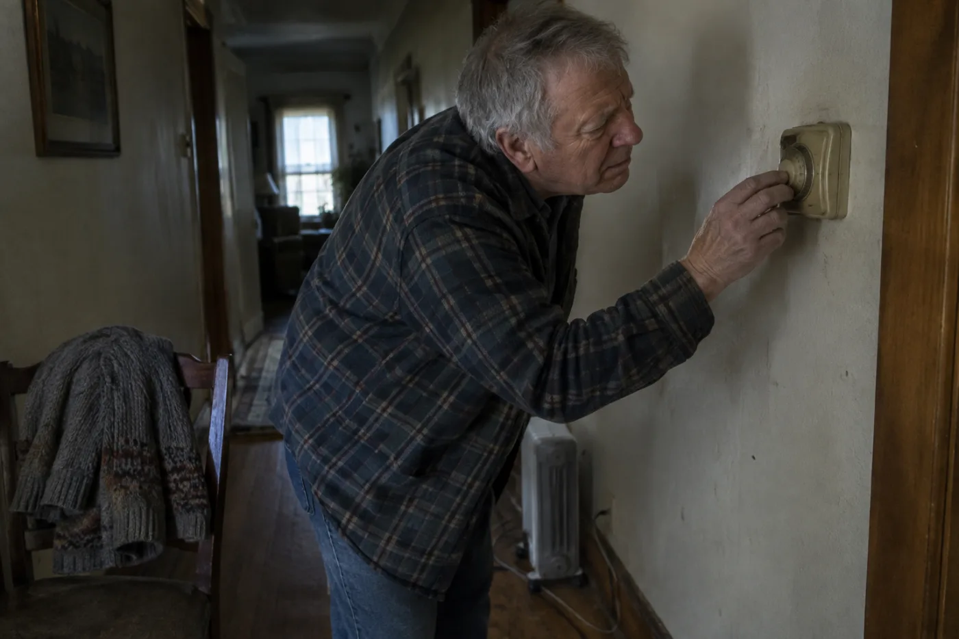 Man adjusting an old dial thermostat mounted on a hallway wall