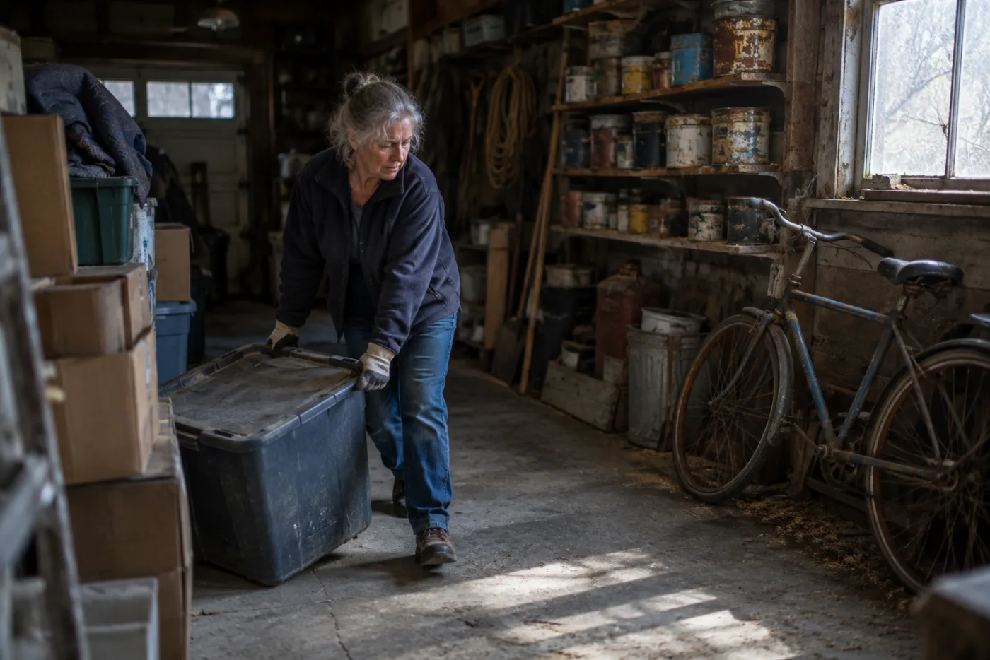 Woman dragging a storage bin to clear a path in a cluttered garage