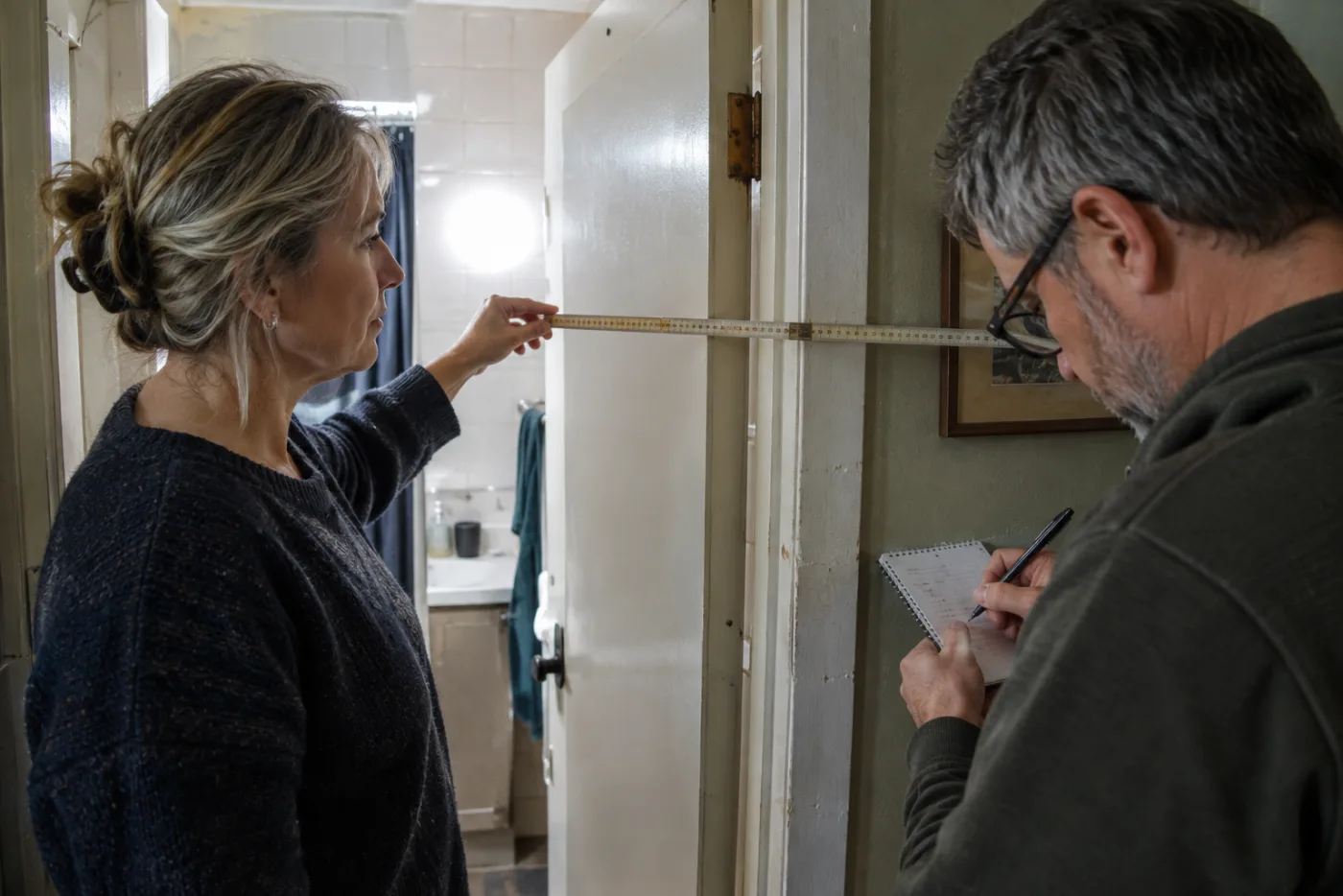 Couple measuring a bathroom doorway width with a folding ruler and notepad