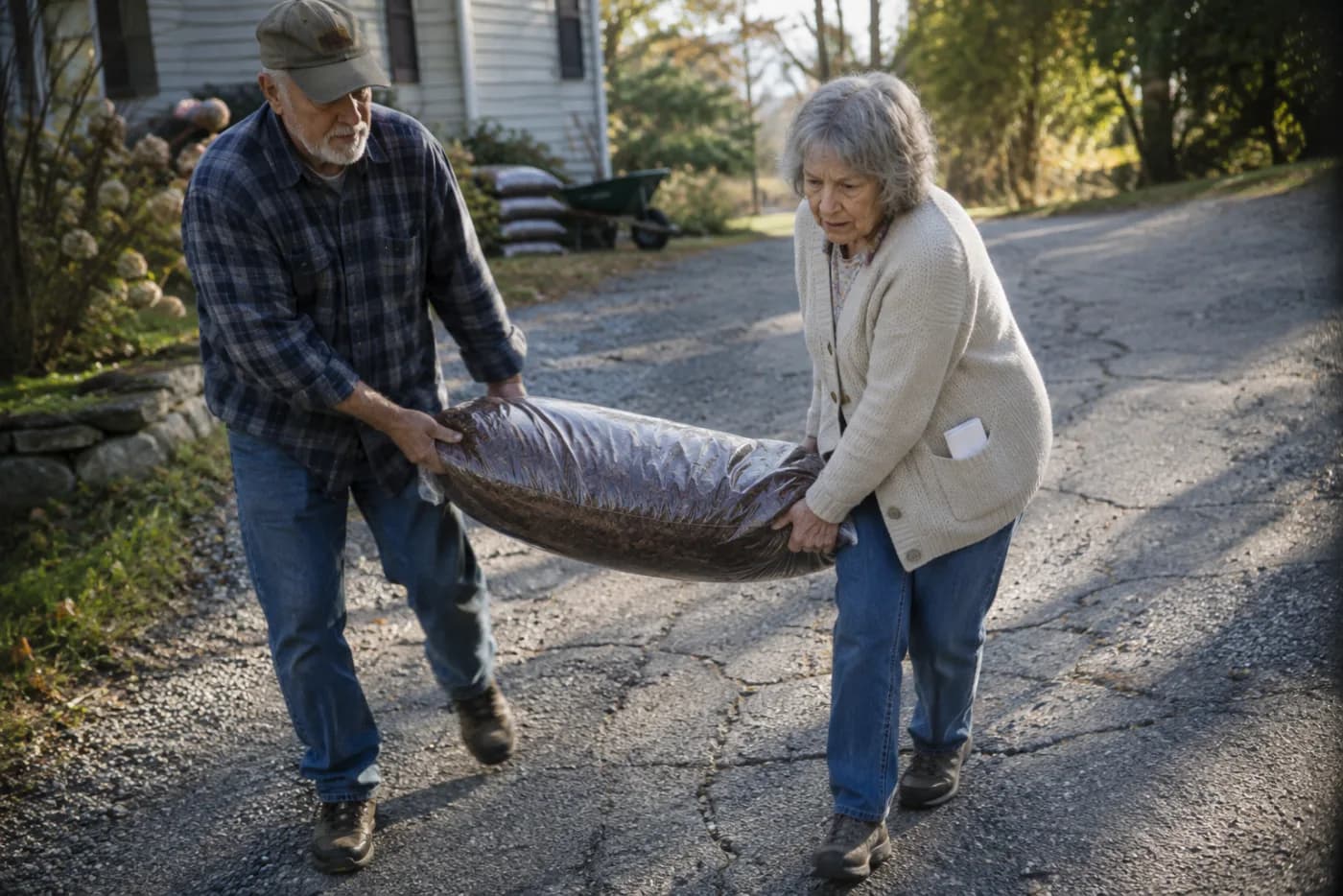 Man and neighbor carrying a heavy bag of mulch together up a driveway