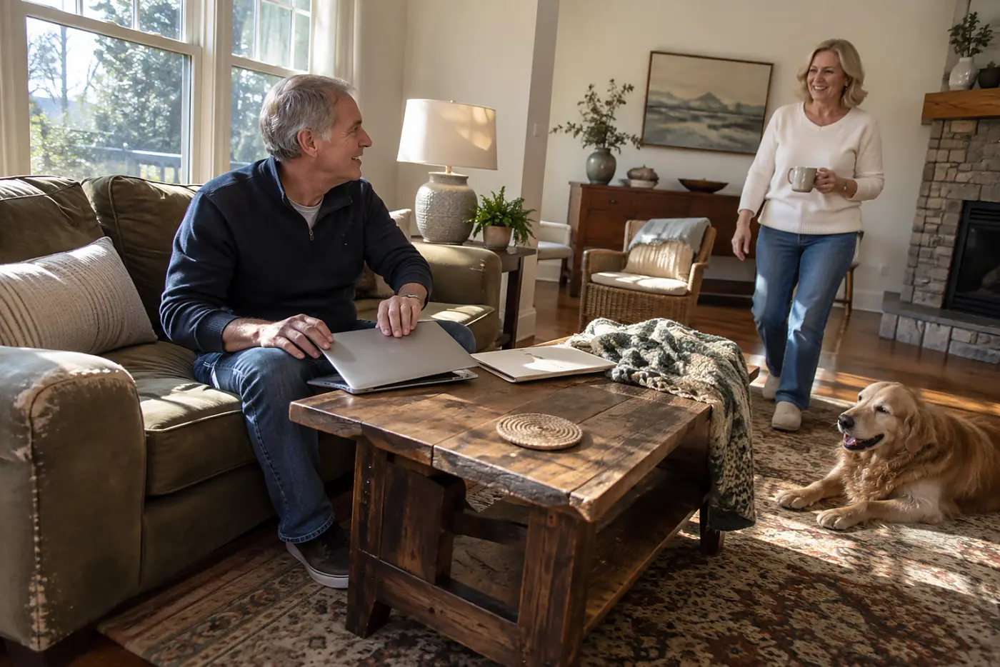 Older man checking workplace benefits on a laptop in his living room.