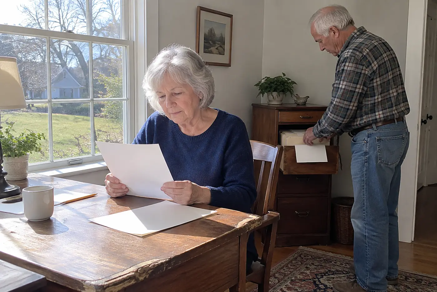 Older woman reading an IRA beneficiary form at her desk.
