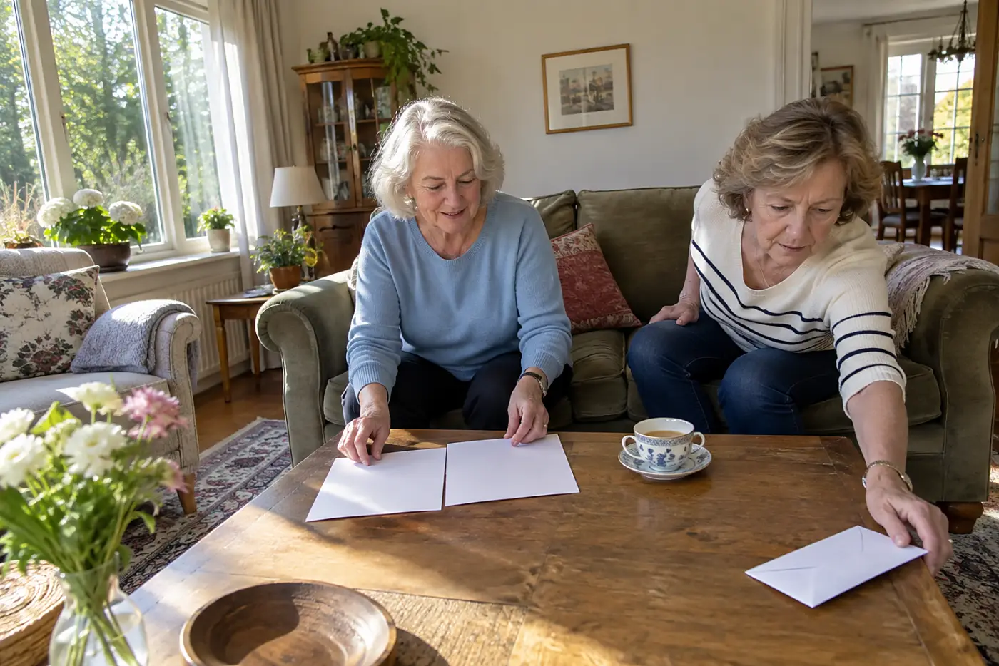 Older woman matching a retirement statement to a bank deposit at home.