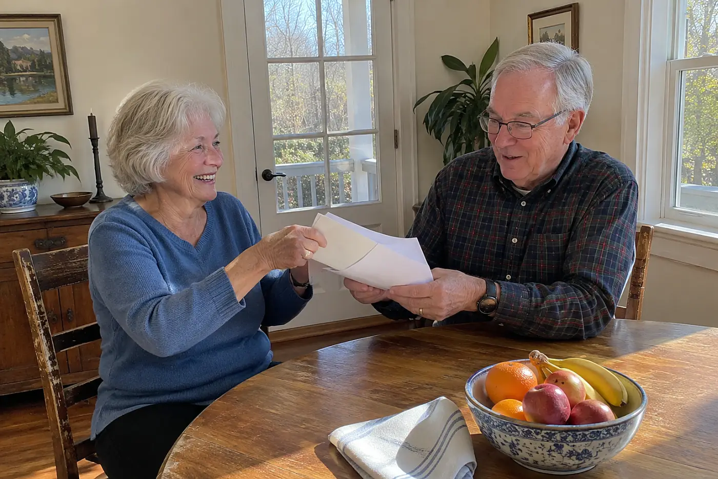 Older couple opening a tax notice together at the dining table.