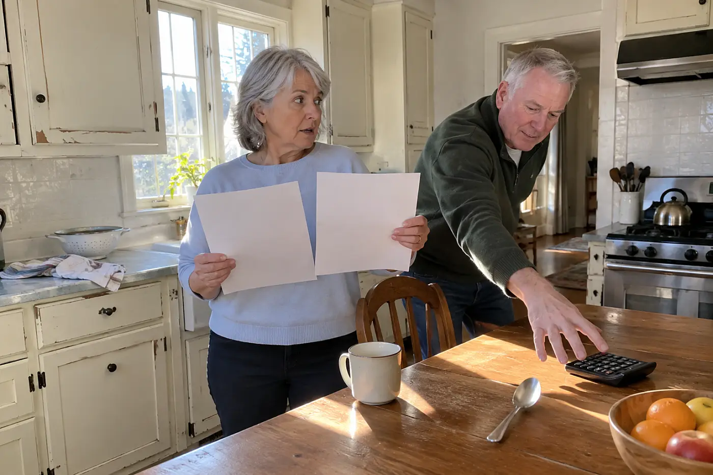 Older woman comparing a pay stub with a bank deposit in her kitchen.