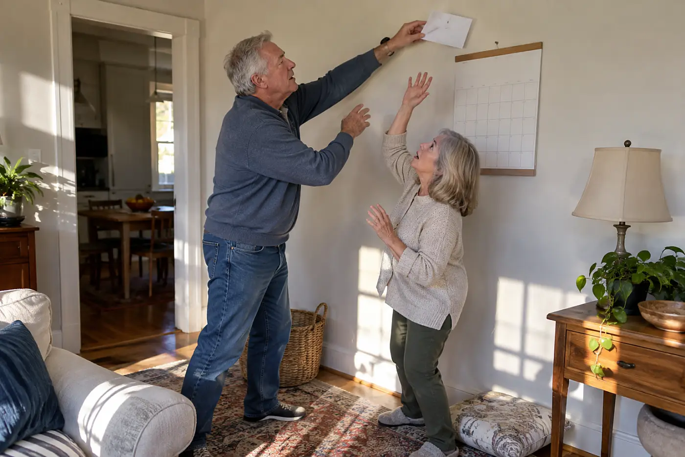 Older couple placing a donation pledge beside a wall calendar at home.