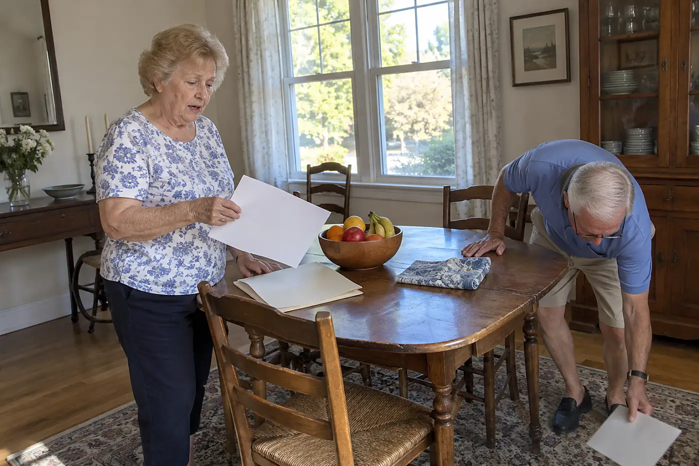 Older woman reading a loan agreement at her dining table.