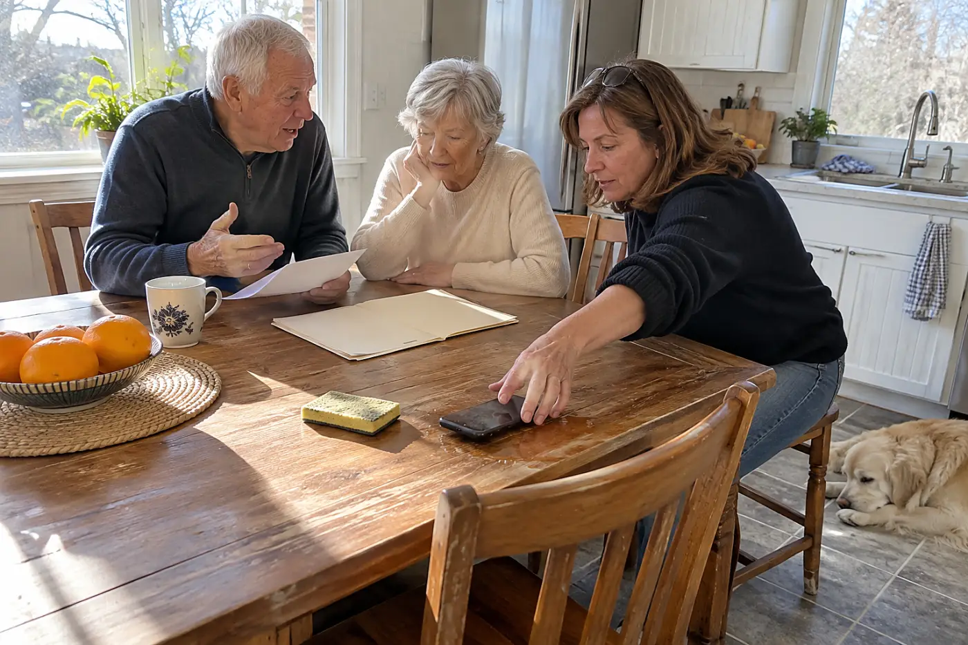 Older couple reviewing transfers to an adult child at their kitchen table.