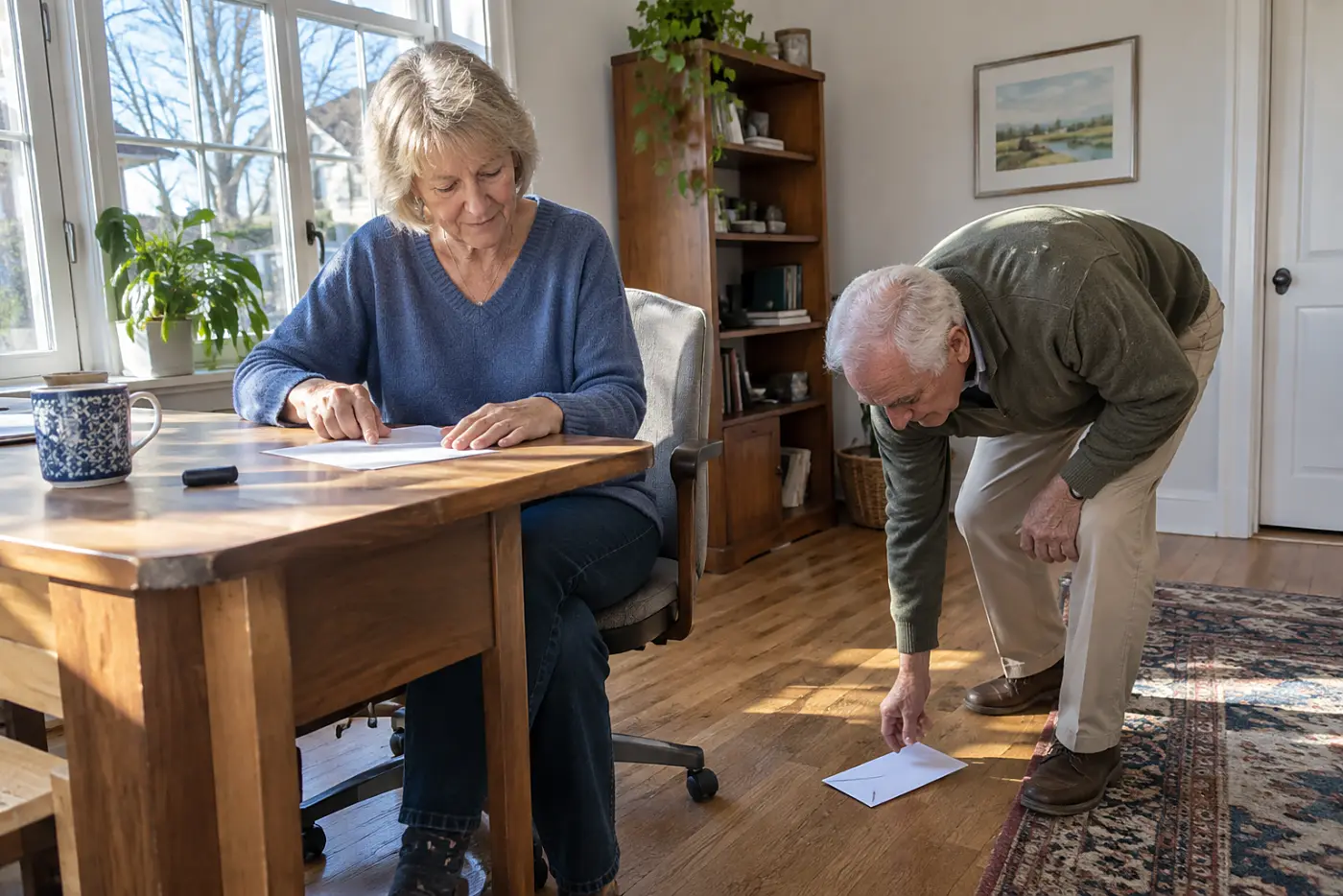 Older woman tracing a transfer on a bank statement at her desk.