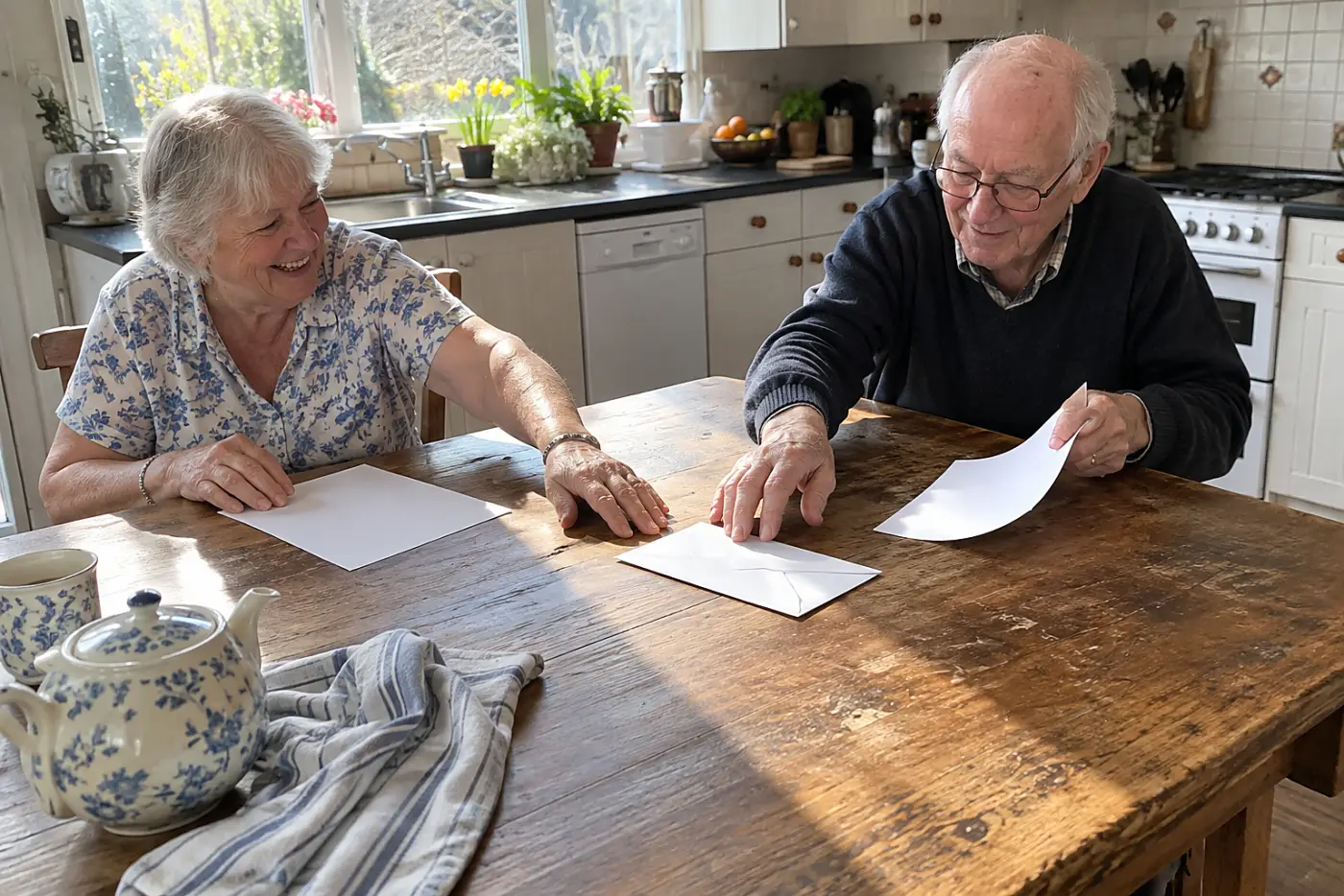 Older couple comparing bank statements at a kitchen table.