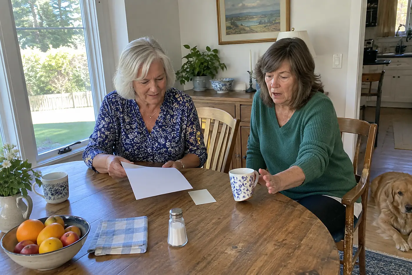 Older woman checking a credit card statement at her dining table.