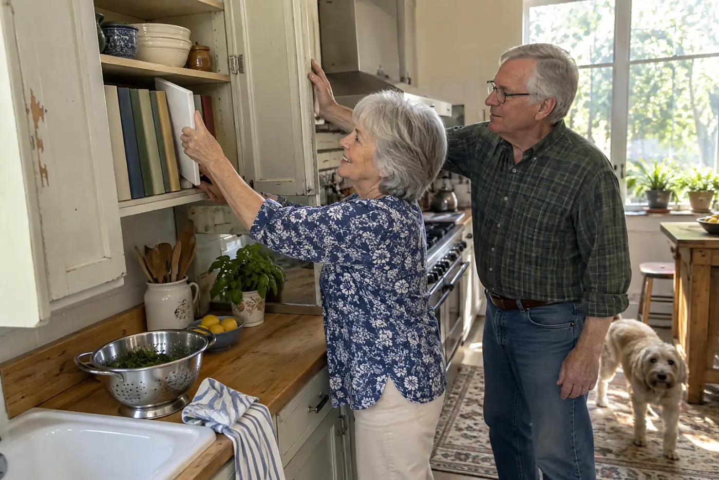 Older woman lifting an envelope from behind cookbooks on a kitchen shelf.