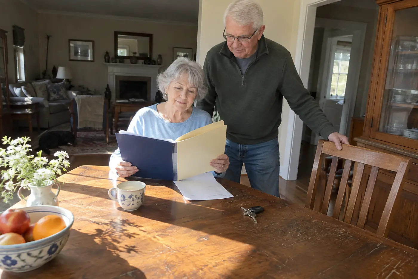 Older woman comparing a Social Security statement with old tax returns at home.