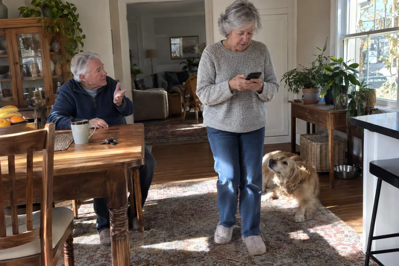 Older woman checking her bank balance before making a transfer at home.