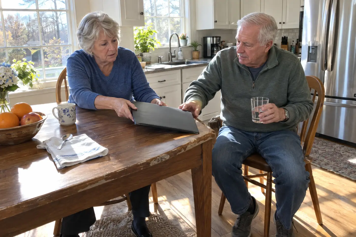 Older woman reviewing a dental estimate at her kitchen table.