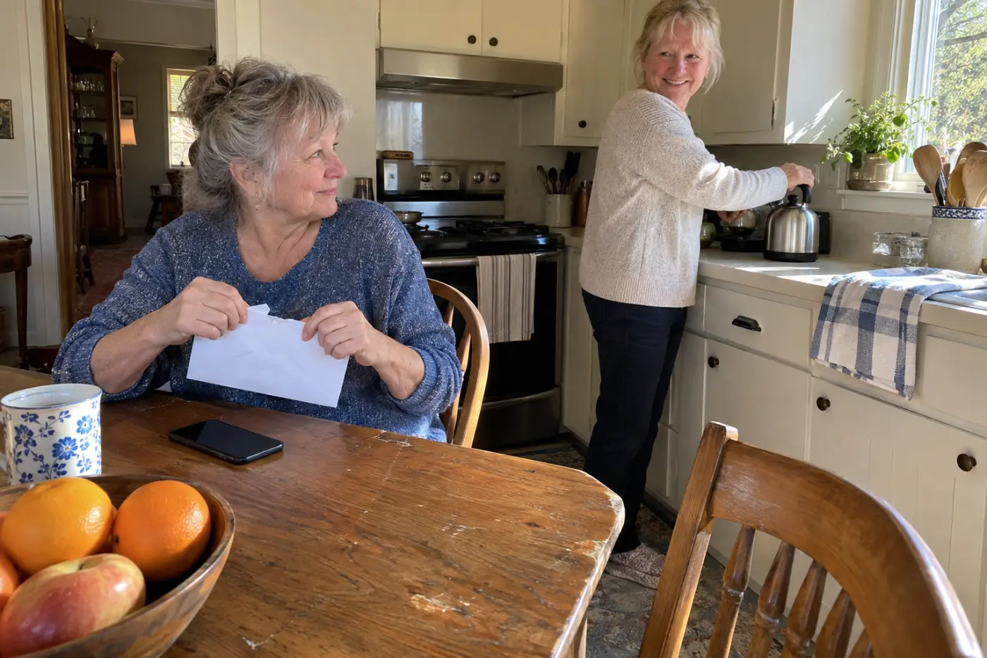 Older woman opening a Medicare envelope beside her phone at her kitchen table.