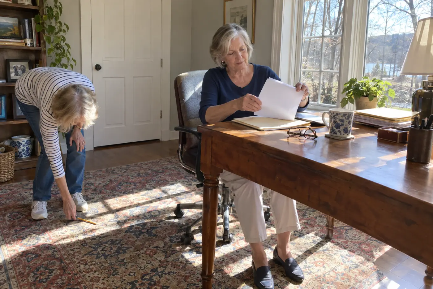 Older woman reading a credit card statement at her desk.