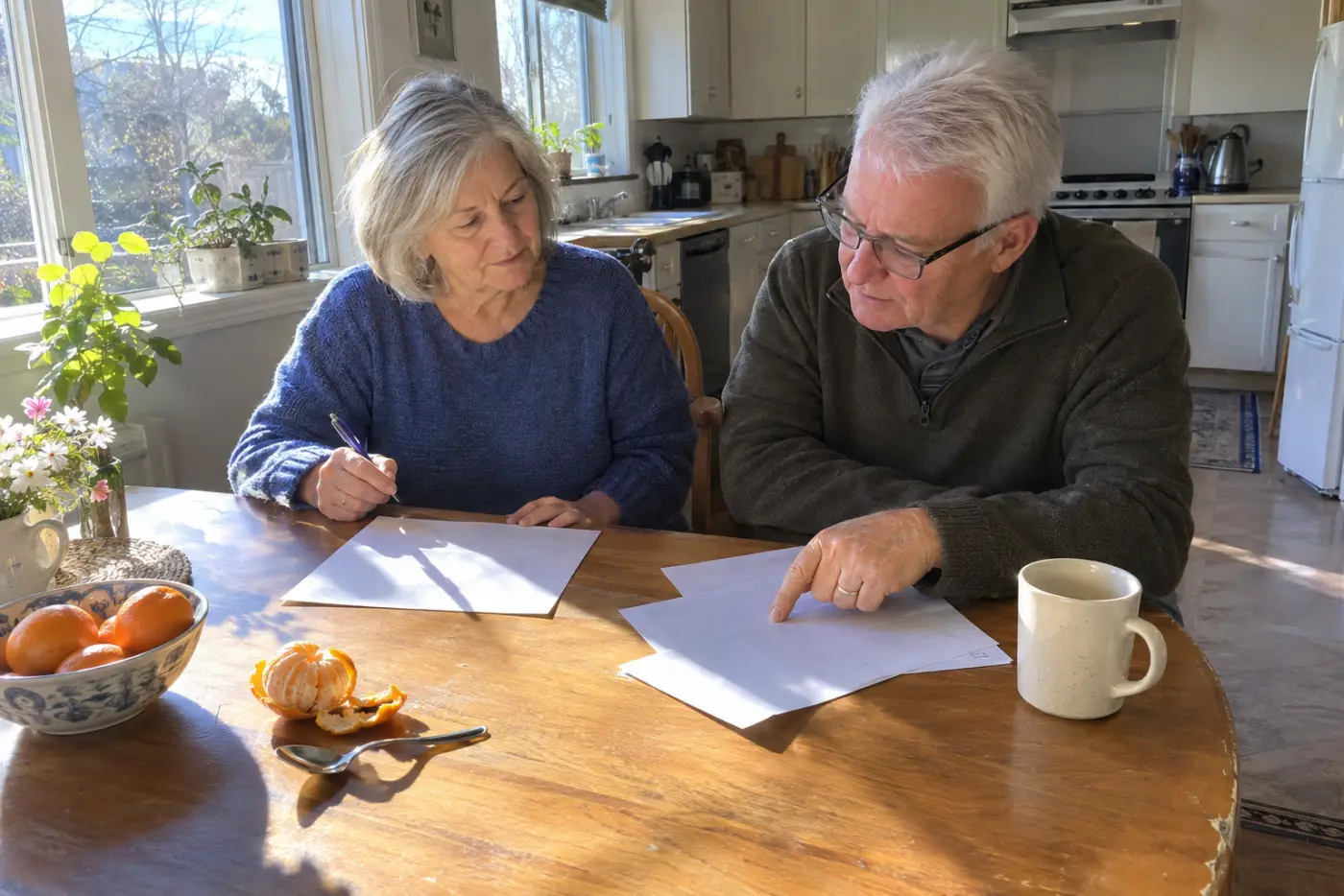 Older woman marking charges on a bank statement at her kitchen table.