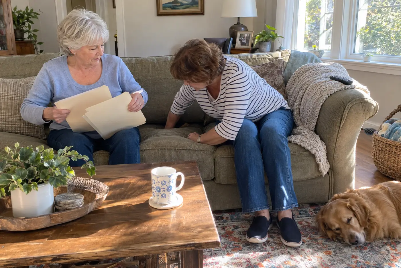 Older woman comparing insurance papers on her living room sofa.