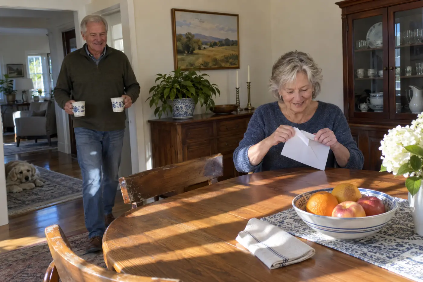 Older woman opening a property tax notice at her dining table.